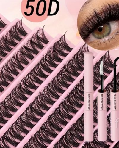 Набір для самостійного нарощування вій 50D з пучковими віями, клеєм та пінцетом