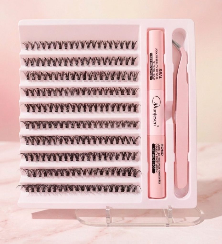 Набір для самостійного нарощування вій Manjesen: 10 рядів пучкових вій 30D + Клей та Закріплювач + Пінцет