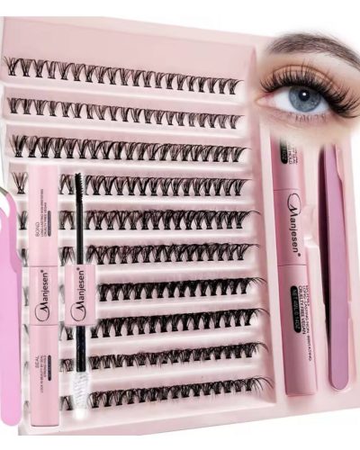 Набір для самостійного нарощування вій Manjesen: 10 рядів пучкових вій 30D + Клей та Закріплювач + Пінцет