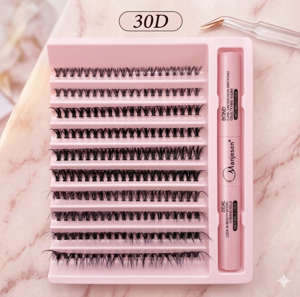 Накладні пучкові вії 3Д з клеєм та закріплювачем від Manjesen для домашнього нарощування