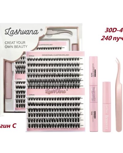 Набір пучкових накладних вій LashVana 30D–40D, 240 пучків з клеєм Bond&Seal, ремувером та пінцетом