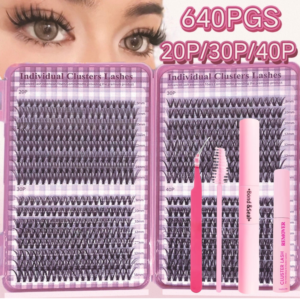 Набір накладних пучкових вій Individual Clusters Lashes 640 шт (20D, 30D, 40D) з клеєм, ремувером та пінцетом