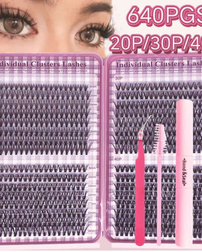 Набір накладних пучкових вій Individual Clusters Lashes 640 шт (20D, 30D, 40D) з клеєм, ремувером та пінцетом