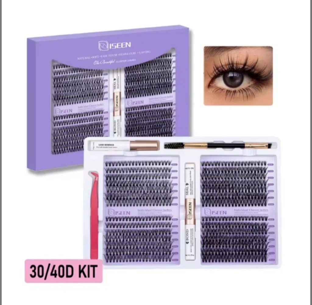 Великий набір для нарощування пучкових вій ISEEN Cluster Lashes Kit 30D/40D з клеєм Bond&Seal, ремувером, пінцетом та пензлем-щіточкою
